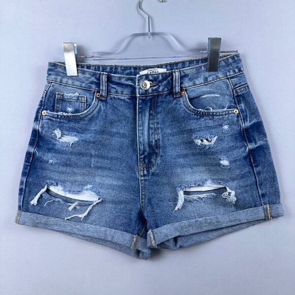 Refuge Denim Mom Shorts Womens Size 03 High Rise Distressed Dark Wash Blue - Picture 1 of 9
